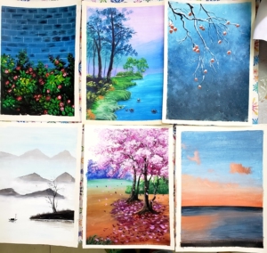 丙烯卡纸风景画手稿,16开,一张5元,8想包邮,8张以下也可