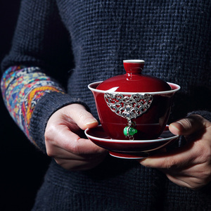 【德溪堂】景德镇郎红釉三才盖碗茶杯陶瓷家用手工泡茶碗功不烫手
