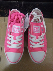 pony，女鞋，荧光粉色，白色粉色，双色鞋带，女帆布鞋，女休