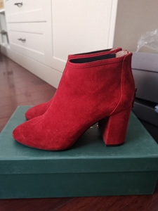 莎莎苏女鞋粗跟高跟鞋红色矮帮靴