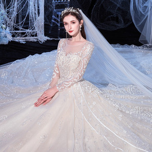 紫精灵婚纱新娘结婚长袖星空豪华婚纱亮晶晶款