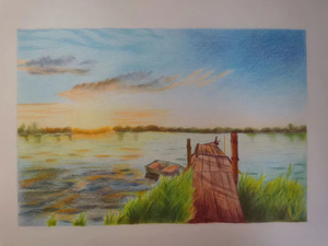 纯手绘彩铅 风景画,照片与实物有轻微色差,a4纸大小没有画框