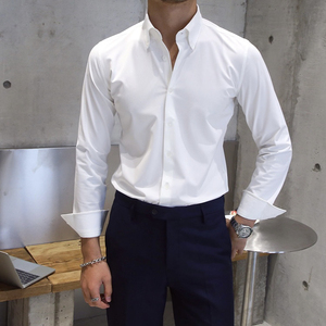 鹿三先生自制韩版商务纯色大尖领衬衫青年英伦修身免烫衬衣男潮