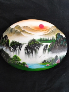 手绘石头画《旭日东升》工艺品摆件礼物,长江石,丙烯颜料绘制