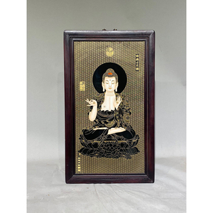 老框镶瓷板画黑底掐丝珐琅南无才光佛唐卡挂屏  - ad5942