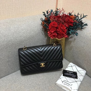 99新chanel/香奈儿cf中号黑色v纹羊皮双盖金扣女款单肩斜挎链条包