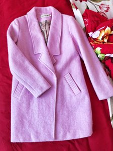 西服领毛呢大衣外套粉色春秋冬中长款衣长85。