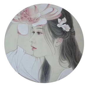 工笔画 现代人物 底稿 线稿 30厘米圆团扇图案 发送清晰