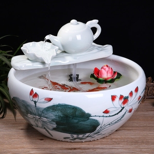 景德镇正品陶瓷鱼缸小型家用客厅鱼盆装饰品圆形创意流水鱼缸龟缸