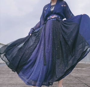 鲸鹿原创正品汉服齐腰三件套幻色紫蓝黑色双色拼色君如月闪闪的六