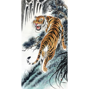 李国富 四尺《长啸一声》纯手绘水墨工笔写意动物上山老虎挂画
