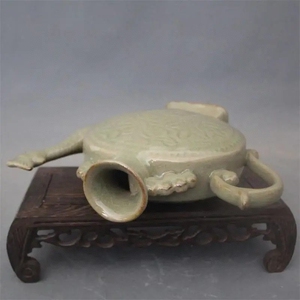 宋耀州窑青瓷牡丹凤鸣壶扁酒壶 古董古玩 仿古瓷器 复古摆件雅