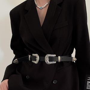个性百搭黑色腰带女士2023新款夏季韩版双扣设计高级感小众皮带潮