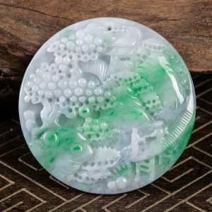 天然翡翠玉山水 正品好种水润天然a货翡翠春带彩山水牌 34.47g