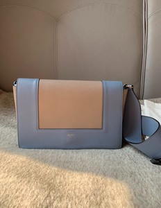 celine /思琳正品 蓝灰拼色宽肩带挎包里外全皮横豆腐包