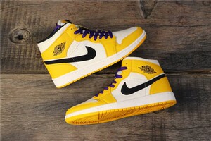 耐克湖人紫黄中帮air jordan 1 mid aj1乔丹