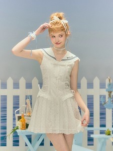【梗豆】圣托里尼假日 少女航海原创设计水手领小白裙女夏无袖