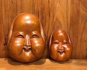 昭和时期木雕能面面具阿多福火男一木出名家款