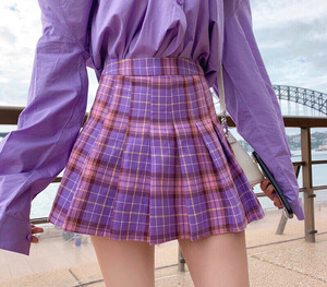 一套   q女家春装2019款少女心裙子女紫色格子a字半身