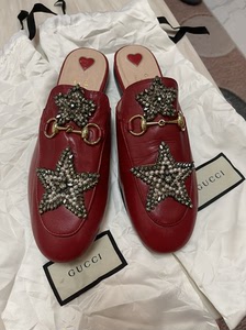 gucci珍珠水钻星星马衔扣红色拖鞋 乐福半拖