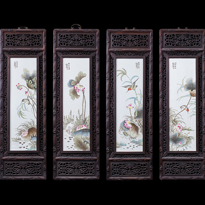 景德镇陶瓷器手绘荷花四条屏挂画家居客厅沙发背景墙装饰画