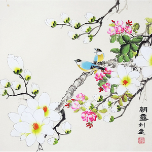 刘建《朝露》斗方国画装饰画客厅装饰字画工笔画小鸟花鸟画拍卖