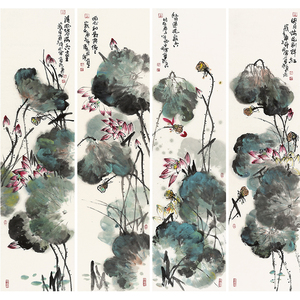 田寒《和风》大写意手绘荷花四条屏竖幅国画 齐白石再传弟子 客厅