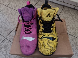 李宁空袭2黄紫鸳鸯配色篮球鞋,"虎鹤双形",44码,只上脚过