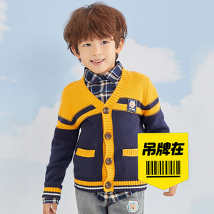 pawinpaw男童黄蓝开衫毛衣，针织毛衣外套，大气的配色，