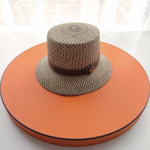 hermes爱马仕 帽子 新款花黑编织草帽 棕色缎带