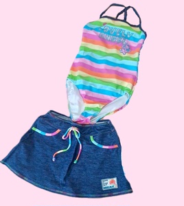〈现货〉Angel blue彩虹条纹小象童趣连体泳衣两件套