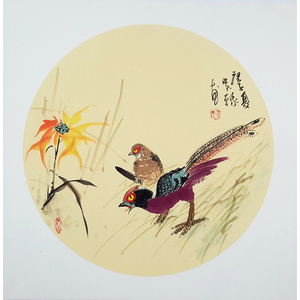 朱红艳《花鸟》手绘圆形卡纸写意花鸟画竹子画卧室小品装饰拍卖