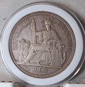 坐洋1元银币 1908年法属印支1元银币，普重坐洋A版，直径