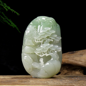 闪拍尚石和田玉出品双色带翠[富贵山居]山水手把件76g闪拍