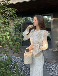 JJing菁菁自制 白色蕾丝套装气质上衣半裙两件套优雅时尚