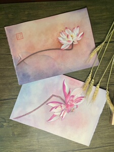 荷花莲花,彩铅水彩装修画,纯手绘,a4获多福细纹纸,一套两张