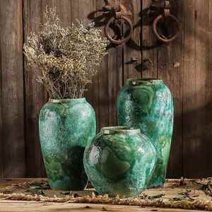 景德镇瓷器美式陶瓷小花瓶客厅插花摆件 绿色陶罐粗陶多肉坛子