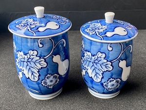 日本回流 锅岛烧 赖山作 青花染付葫芦(福禄)夫妻对杯,标