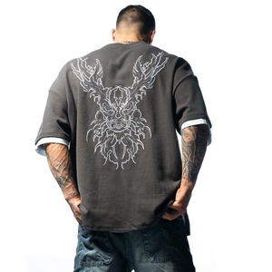 鹿家门新款健身男士潮流短袖运动休闲假两件鹿头棉宽松上衣t恤