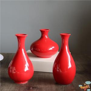 陶瓷花瓶摆件中国红客厅干花插湿花器餐桌中式红色小花器创意