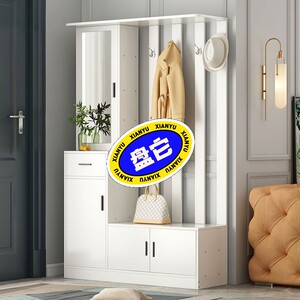全新鞋柜带挂衣架一体家用门口多功能衣帽柜玄关柜带镜子收纳鞋凳