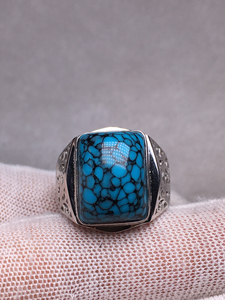 绿松石戒指,乌兰花面包戒,男戒,云盖寺原矿天然高瓷蓝玉化料