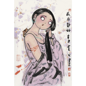 窦红《岁月静好》写意手绘小胖妞仕女竖幅国画原稿拍卖 茶室会所