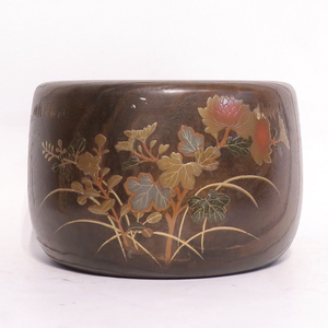 日本产桐木莳绘火钵 整木挖铜胆火盆火炉凉炉碳盆碳钵. 围炉煮