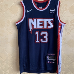 篮网队75周年13号哈登7号杜兰特篮球服深蓝城市版刺绣球衣