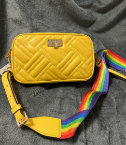 mk小羊皮 彩虹宽肩带菱格双拉链相机包rainbow,鹅蛋黄