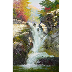 朝鲜风景油画 一级画家 金男赫 风景《瀑布4》玄关竖幅 纯手绘孤