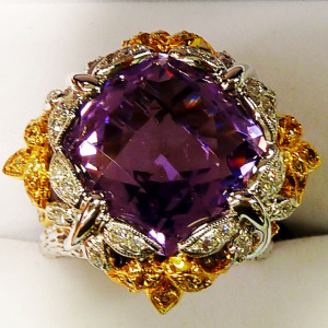 美国代购直邮定制礼物amethyst 18k白金镶紫水晶黄宝石钻石女戒指