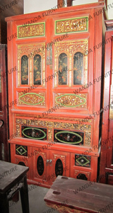 万达古家具/古董收藏/中式家居/旧红漆描金雕刻大柜 实木衣柜
