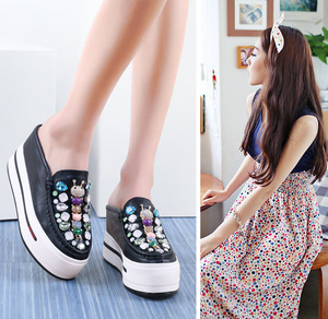 2016春款韩版水钻毛毛虫真皮包头女凉拖松糕厚底内增高坡跟休闲鞋